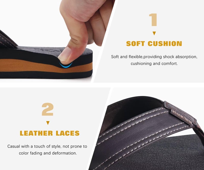 KuaiLu Men's Leather Flip Flops Arch Support Summer Beach Pool Water Thong Sandals Waterproof Rubber Walking Shoes Slip on Orthotic Casual Sport Cushioned Wide Slides Shower Slippers Brown Size 9 - Image 5